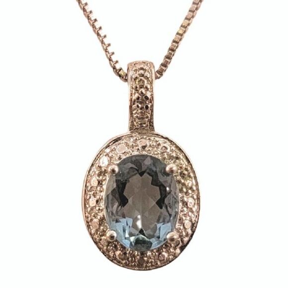 Sterling Genuine Oval Blue Topaz Pendant Necklace - Picture 1 of 5